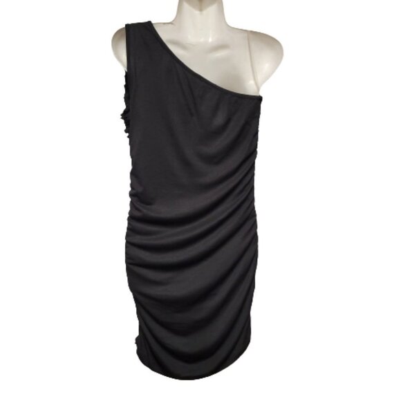 ONE Shoulder Body Con Black Dress Mini Ruched Ruffle  Size L - Picture 5 of 10